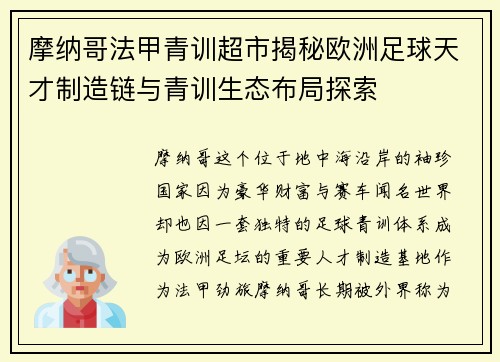 摩纳哥法甲青训超市揭秘欧洲足球天才制造链与青训生态布局探索