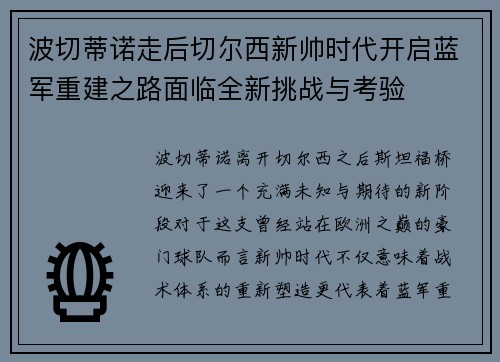 波切蒂诺走后切尔西新帅时代开启蓝军重建之路面临全新挑战与考验